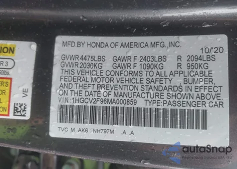 2021 Honda Accord Touring из США, поврежденный, VIN 1HGCV2F96MA000859